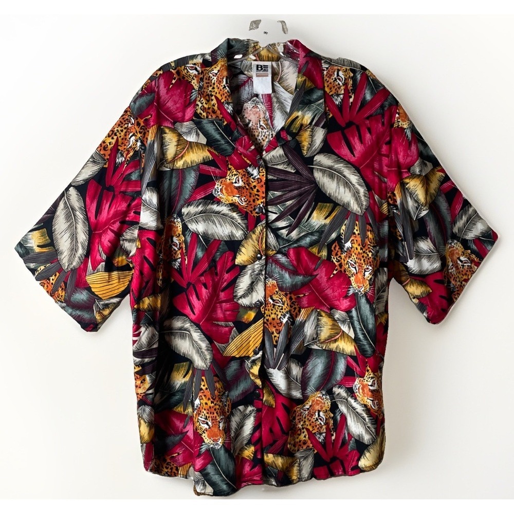 Vintage Basic Editions Woman Cheetah Botanical Print Short Sleeve Womens XL
